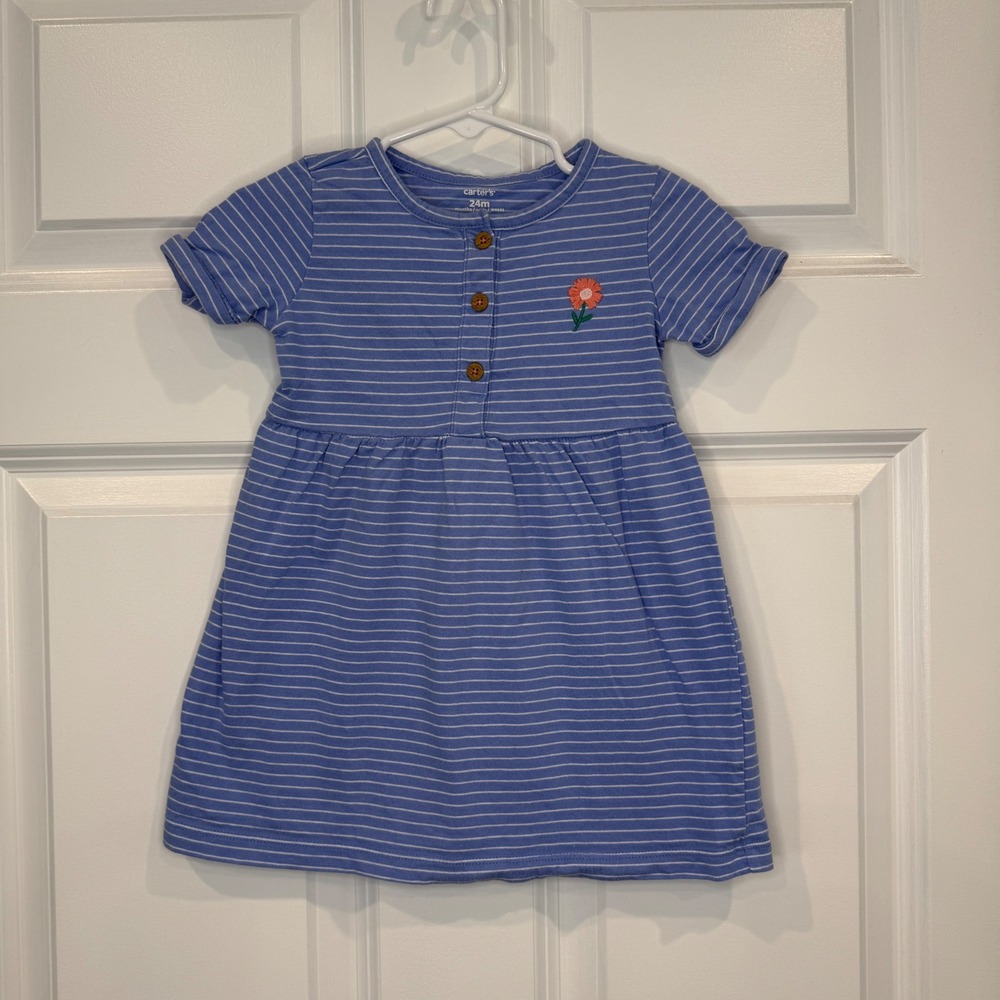 Carters Toddler Girls Blue White Striped Flower Jersey Dress Size 24 Months